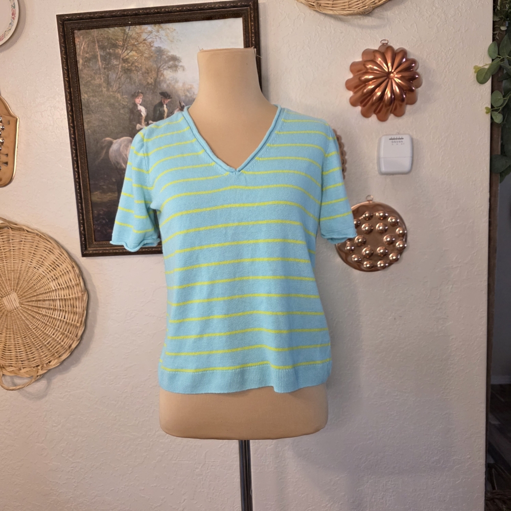 J.Crew Aqua Lime Striped Linen Blend V-Neck Tee Coastal Preppy Resort Wear